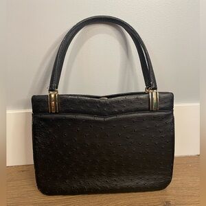 Vintage Ostrich Frame Bag Purse Black Gold Metalwork